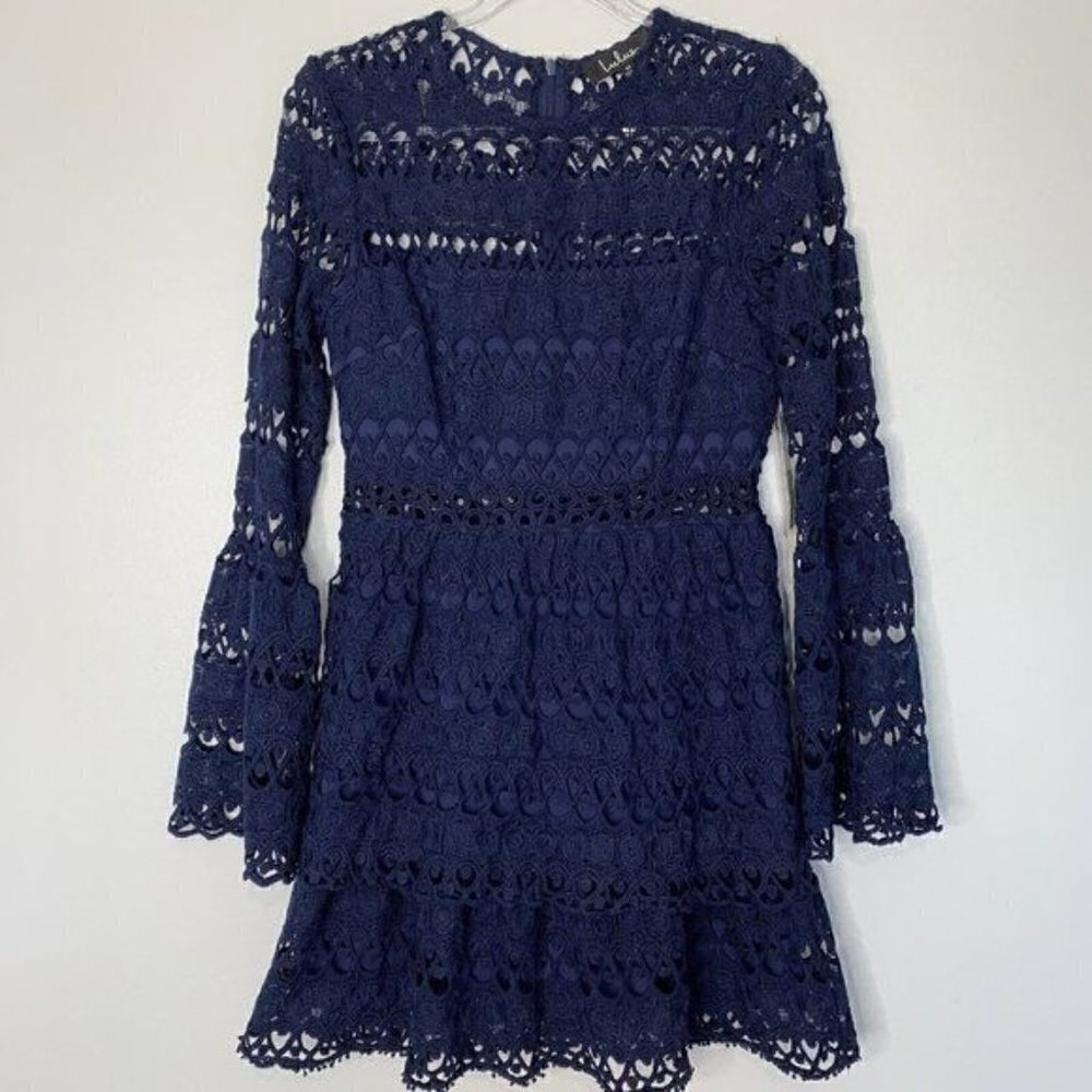 Lulu’s Love you Lots Navy Blue Lace Crochet Mini Dress Size M NWT